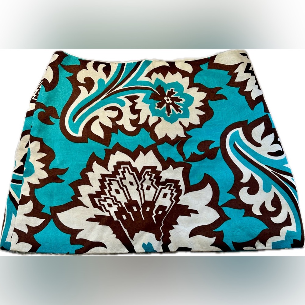 Milly of New York Turquoise, Brown & White Print Cotton fully Lined Mini Sz 4